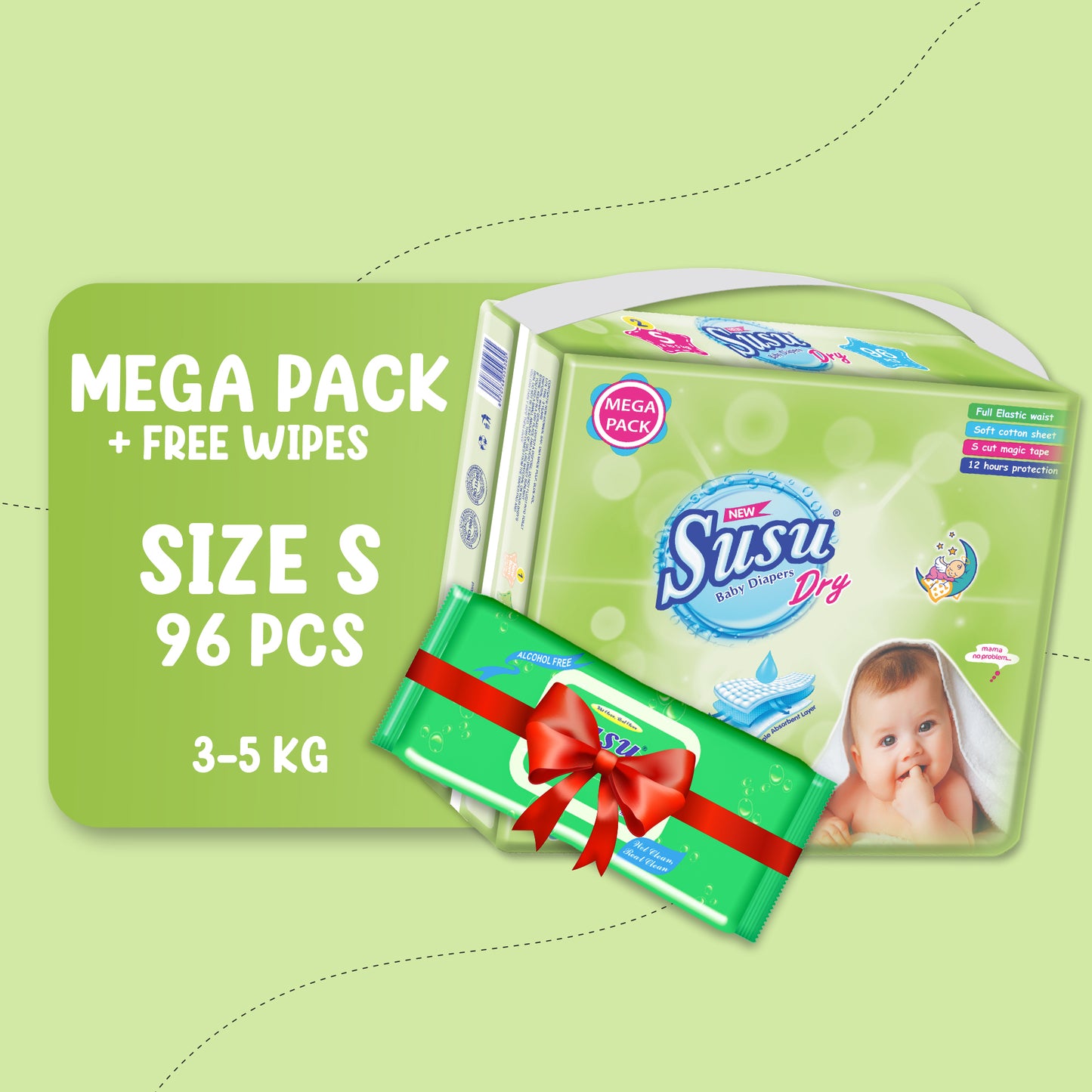NEW SUSU DRY MEGA (S)-96 PCS + FREE WIPES
