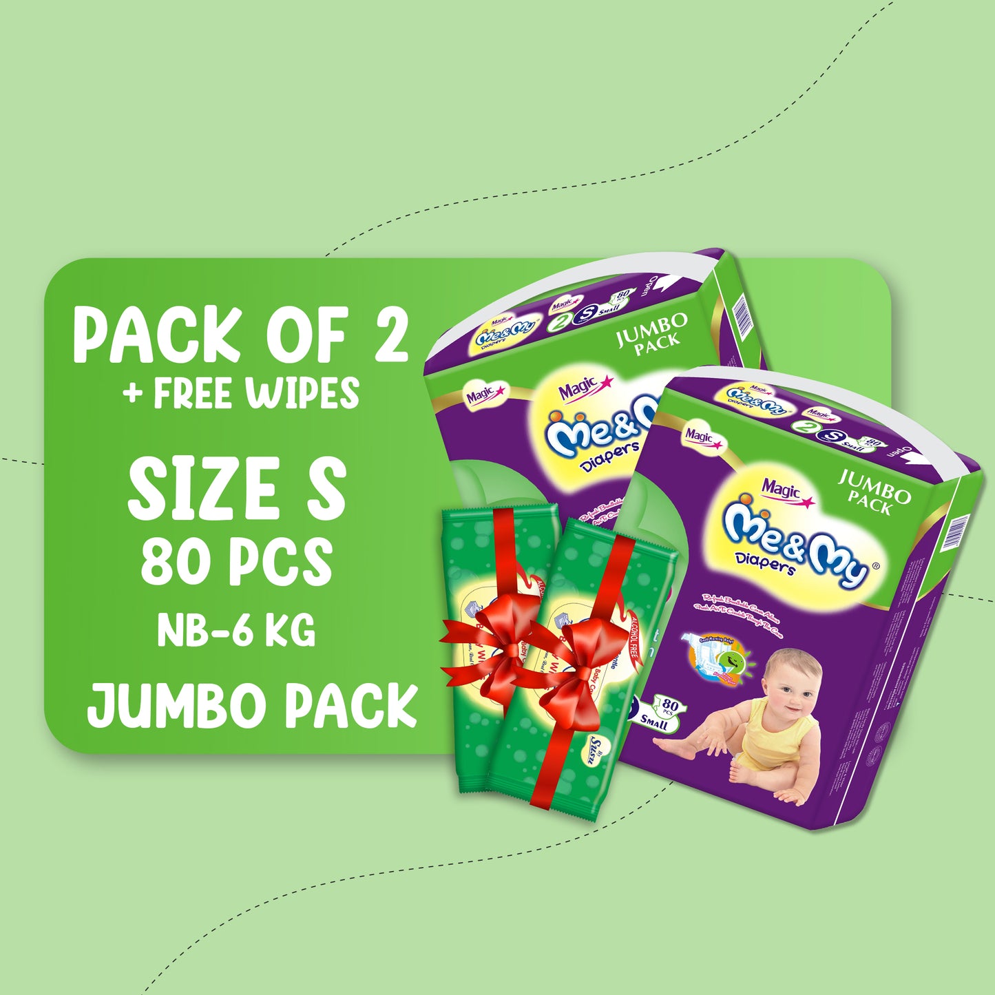 ME & MY MAGIC JUMBO (S)-80 PCS BUNDLE PACKS OF 2 + Free Wipes