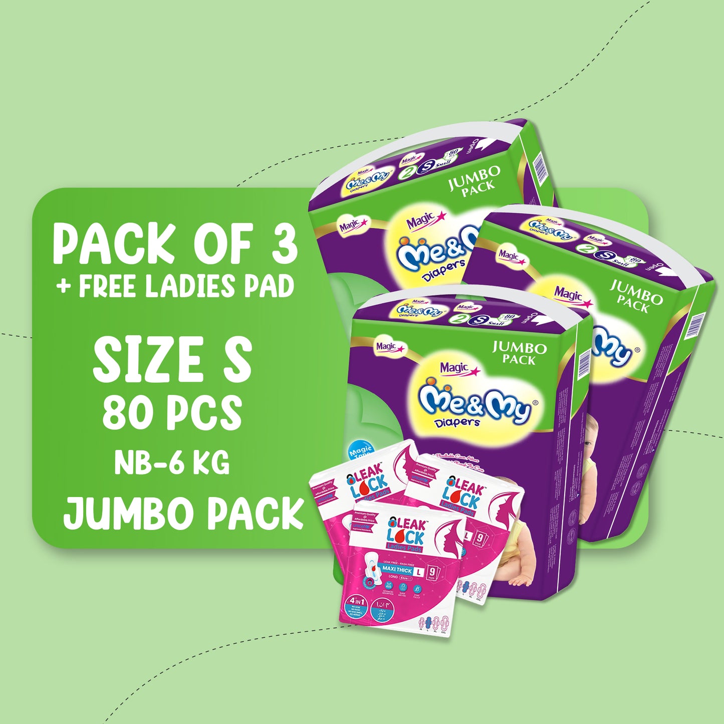 ME & MY MAGIC JUMBO (S)-80 PCS BUNDLE PACKS OF 3 + Free Ladies Pads
