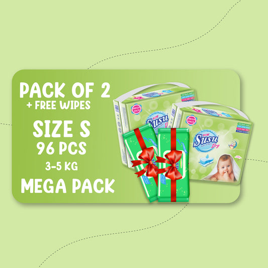 NEW SUSU DRY MEGA (S)-96 PCS BUNDLE PACKS OF 2 + FREE WIPES