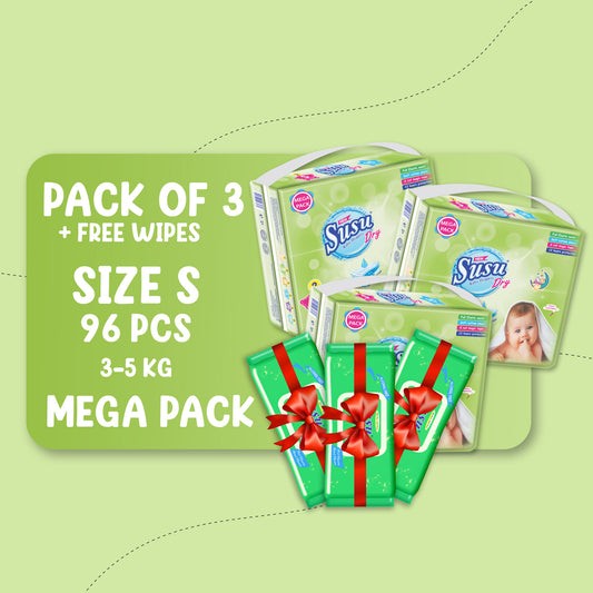 NEW SUSU DRY MEGA (S)-96 PCS BUNDLE PACKS OF 3 + FREE WIPES