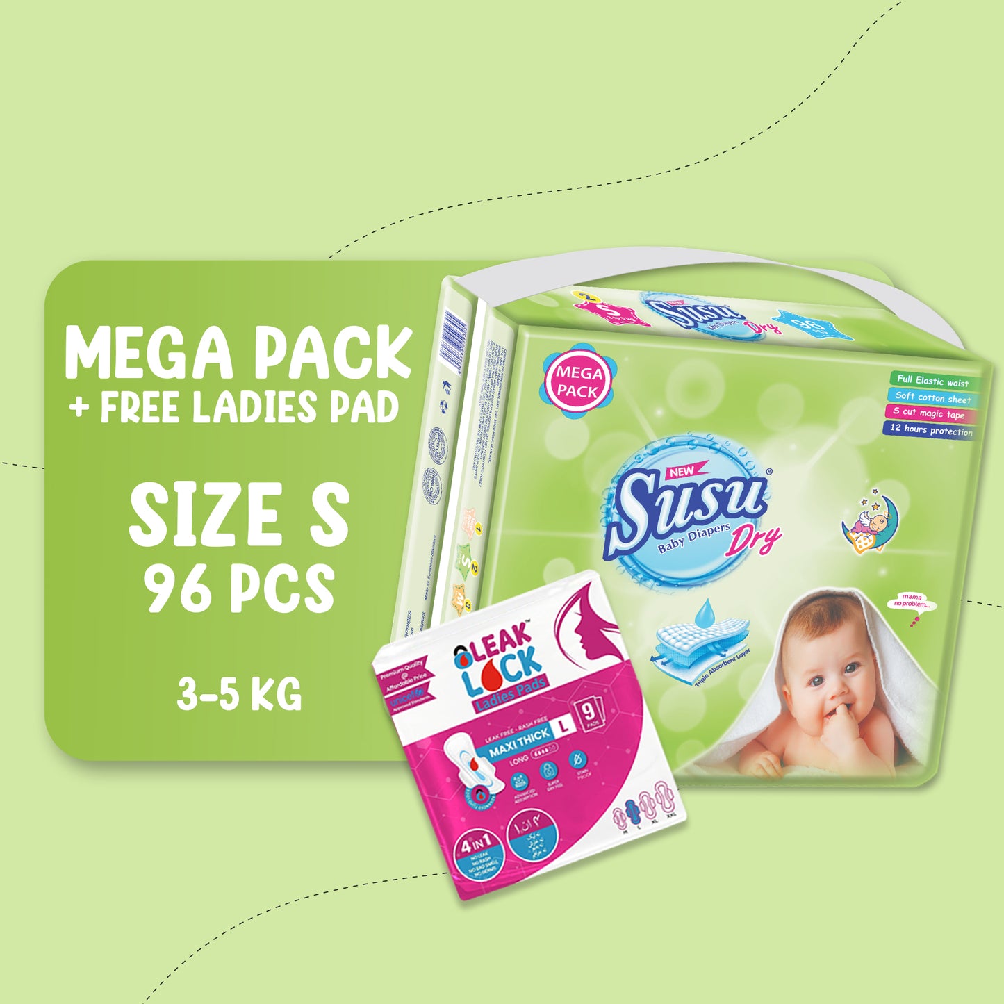NEW SUSU DRY MEGA (S)-96 PCS + FREE Ladies Pad