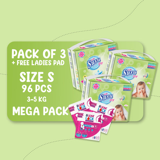 NEW SUSU DRY MEGA (S)-96 PCS BUNDLE PACKS OF 3 + FREE Ladies Pads