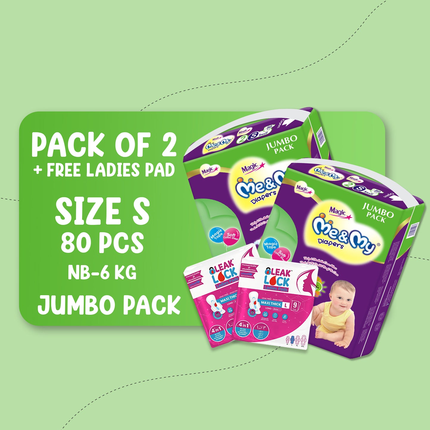 ME & MY MAGIC JUMBO (S)-80 PCS BUNDLE PACKS OF 2 + Free Ladies Pads