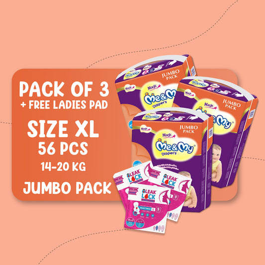 ME & MY MAGIC JUMBO (XL)-56 PCS BUNDLE PACKS OF 3 + Free Ladies Pads