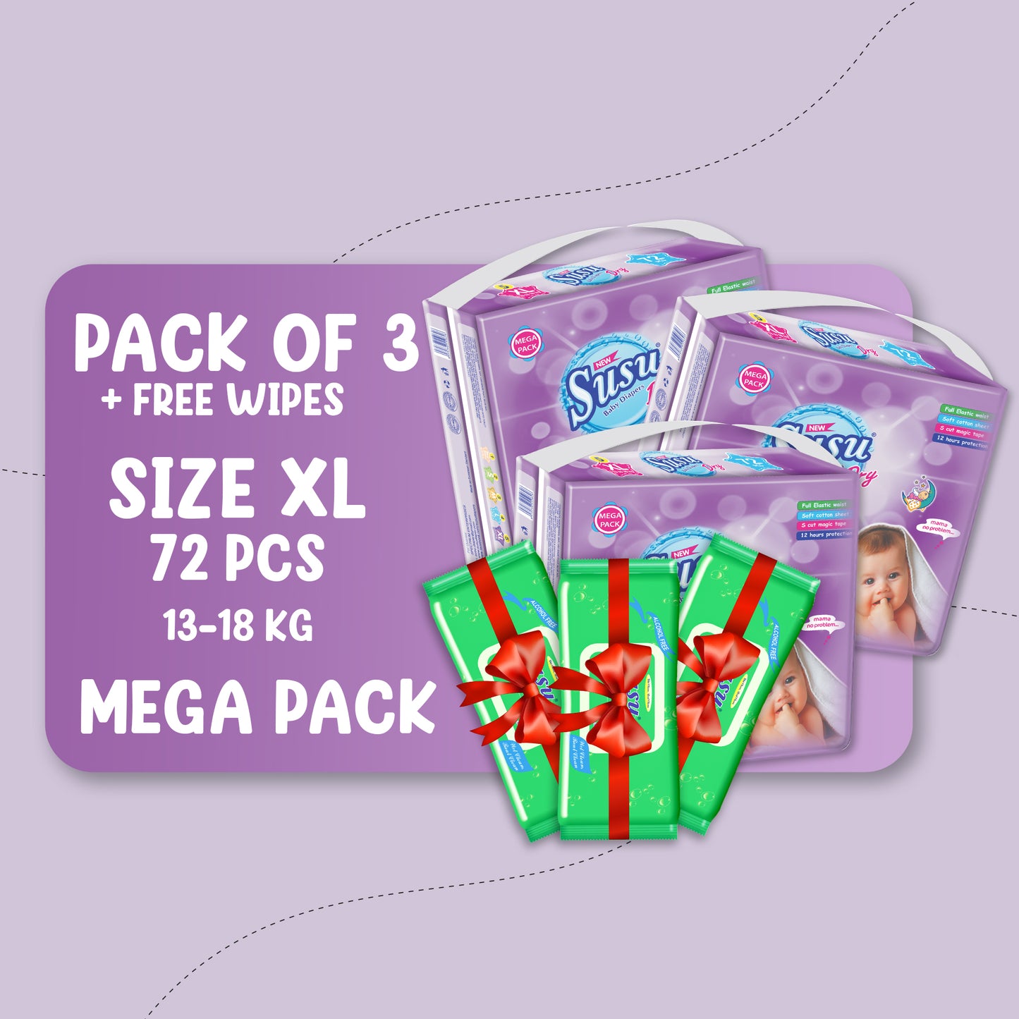 NEW SUSU DRY MEGA (XL)-72 PCS BUNDLE PACKS OF 3 + FREE WIPES