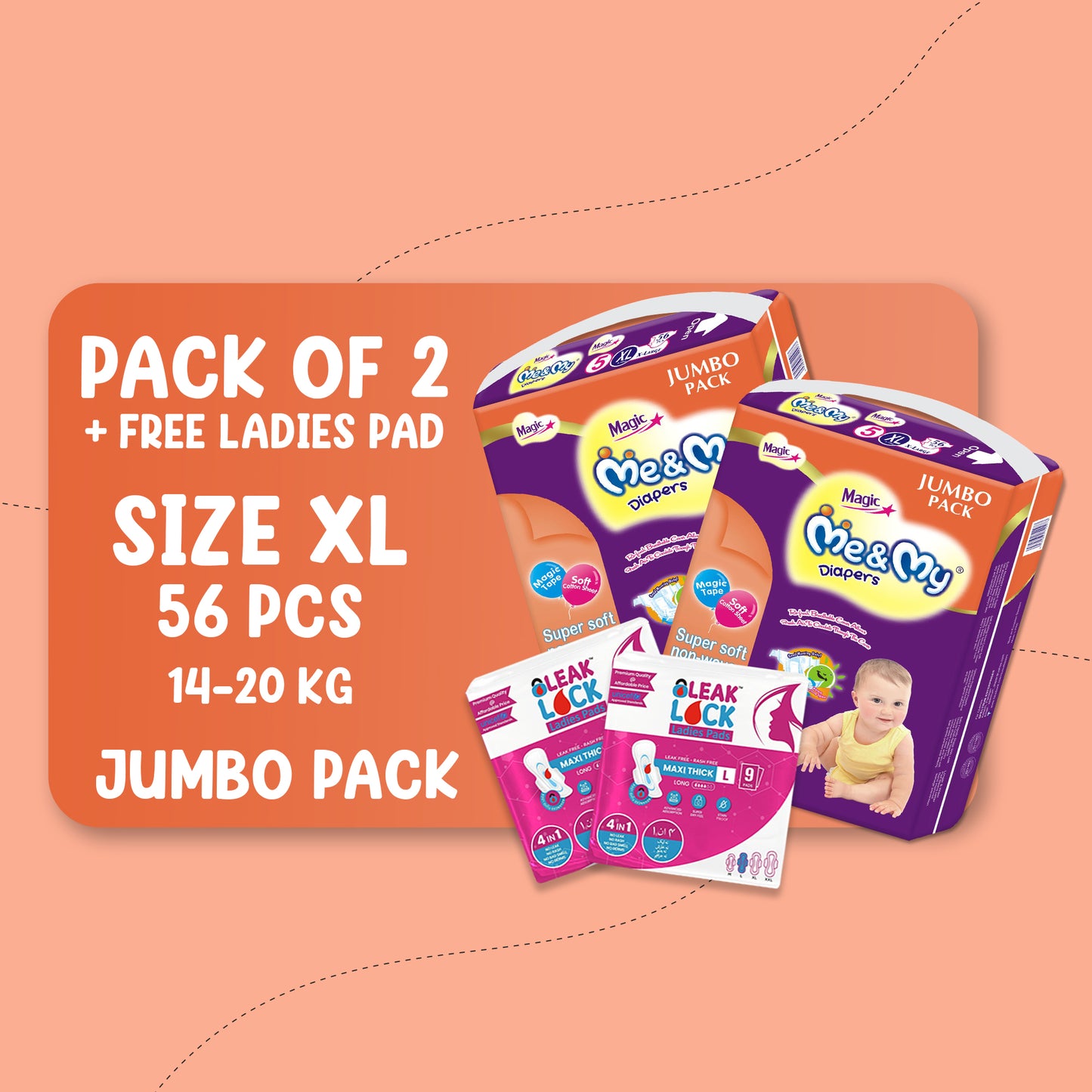 ME & MY MAGIC JUMBO (XL)-56 PCS BUNDLE PACKS OF 2 + Free Ladies Pads