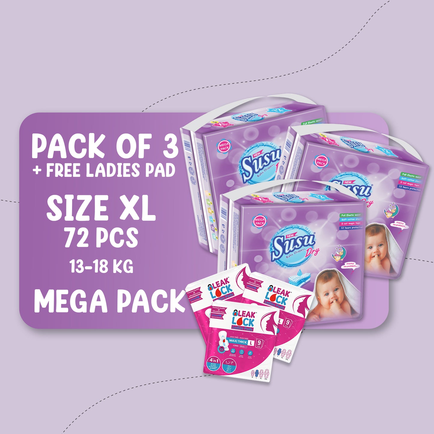 NEW SUSU DRY MEGA (XL)-72 PCS BUNDLE PACKS OF 3 + FREE Ladies Pads