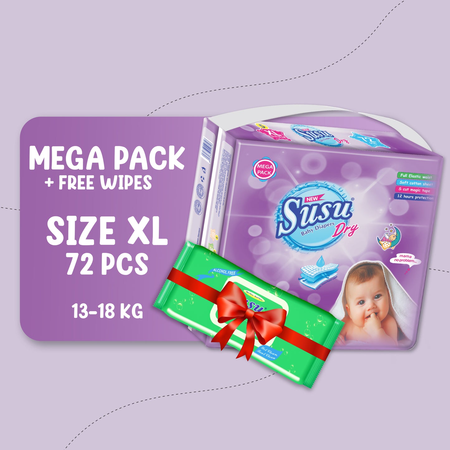 NEW SUSU DRY MEGA (XL)- 72 PCS + FREE WIPES
