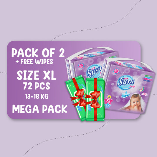 NEW SUSU DRY MEGA (XL)-72 PCS BUNDLE PACKS OF 2 + FREE WIPES