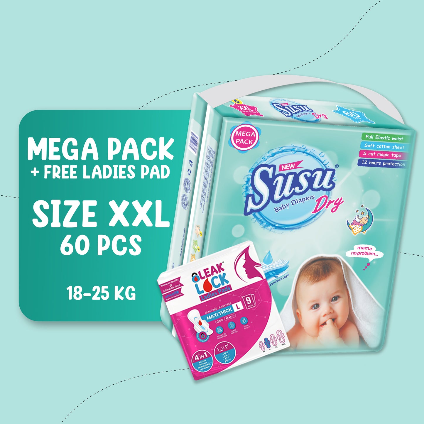 NEW SUSU DRY MEGA (XXL) - 60 PCS + FREE Ladies Pad