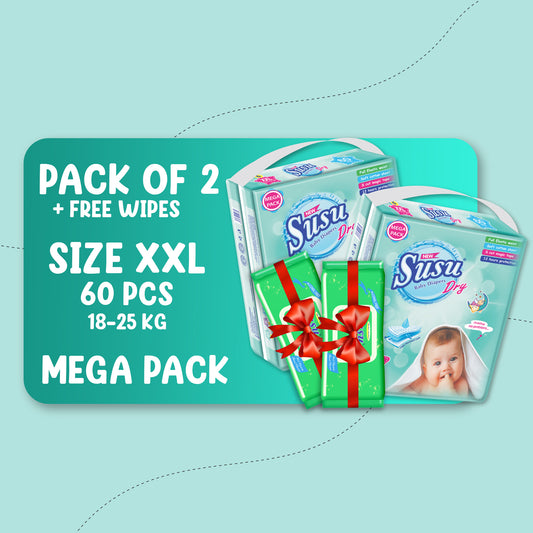 NEW SUSU DRY MEGA (XXL)-60 PCS BUNDLE PACKS OF 2 + FREE WIPES