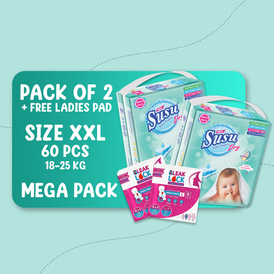 NEW SUSU DRY MEGA (XXL)-60 PCS BUNDLE PACKS OF 2 + FREE Ladies Pads