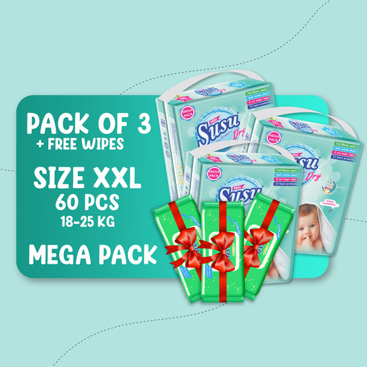 NEW SUSU DRY MEGA (XXL)-60 PCS BUNDLE PACKS OF 3 + FREE WIPES