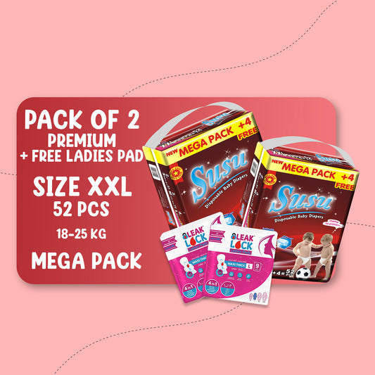 SUSU MEGA PREMIUM (XXL)-52 PCS BUNDLE PACK OF 2 + FREE Ladies Pads
