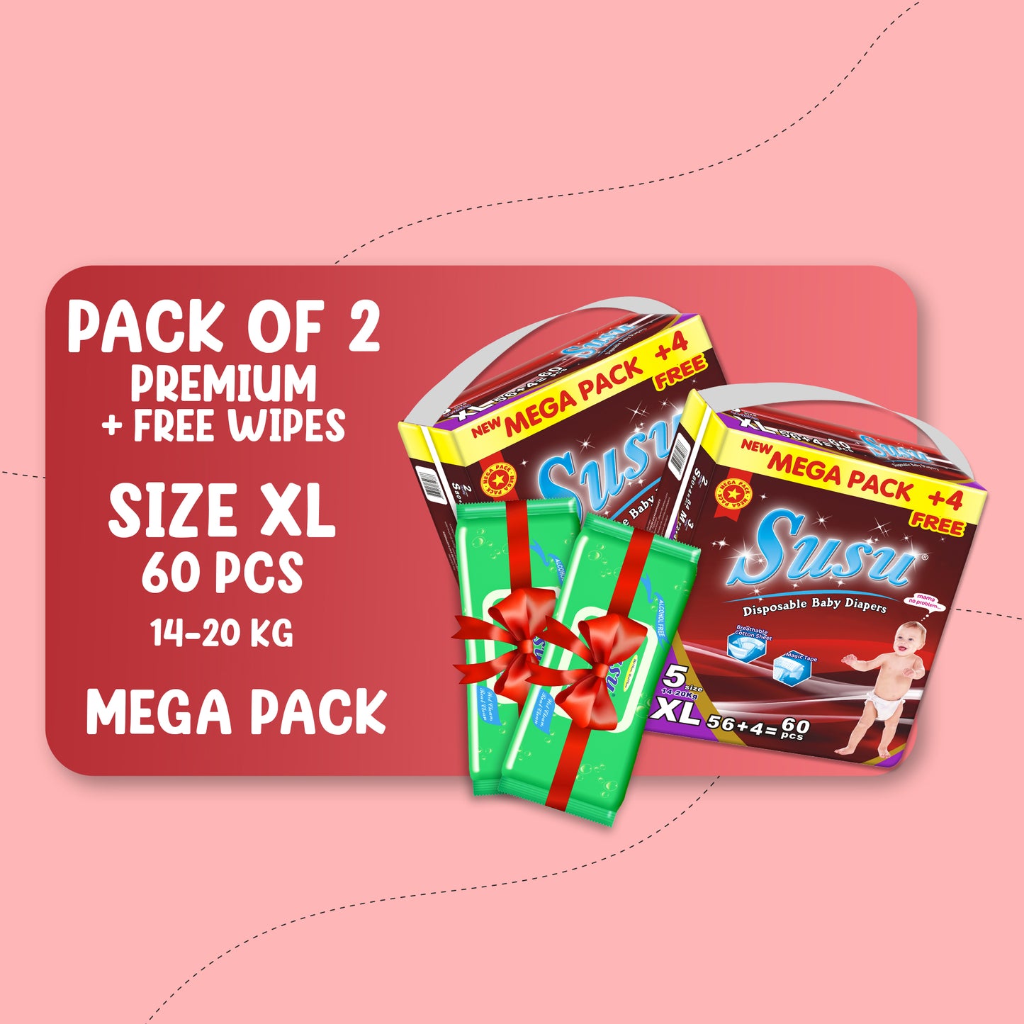 SUSU MEGA PREMIUM (XL)-60 PCS BUNDLE PACK OF 2 + FREE WIPES
