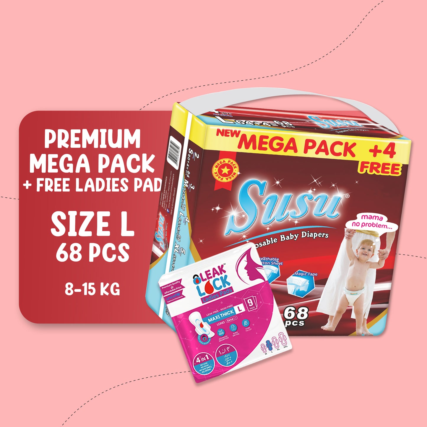 SUSU MEGA PACK L-68 PCS + free Ladies Pad