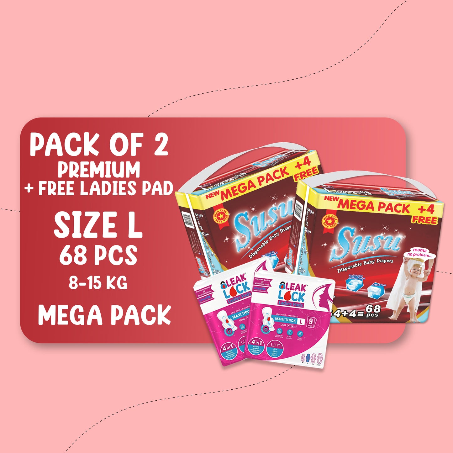 SUSU MEGA PREMIUM (L)-68 PCS BUNDLE PACK OF 2 + FREE Ladies Pads