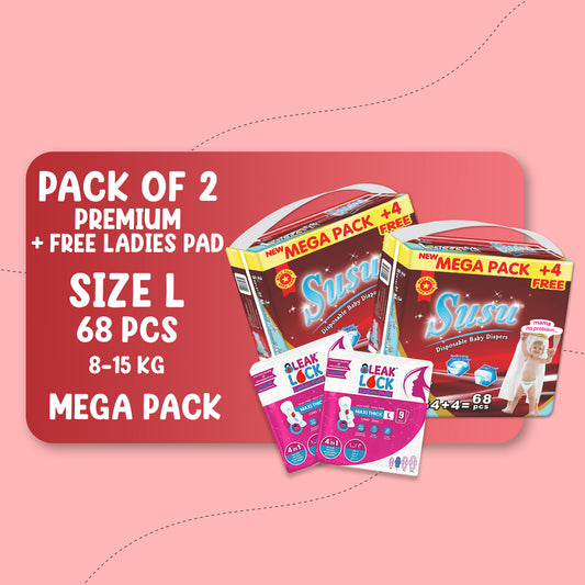 SUSU MEGA PREMIUM (L)-68 PCS BUNDLE PACK OF 2 + FREE Ladies Pads