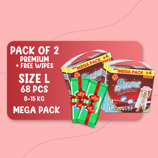 SUSU MEGA PREMIUM (L)-68 PCS BUNDLE PACK OF 2 + FREE WIPES