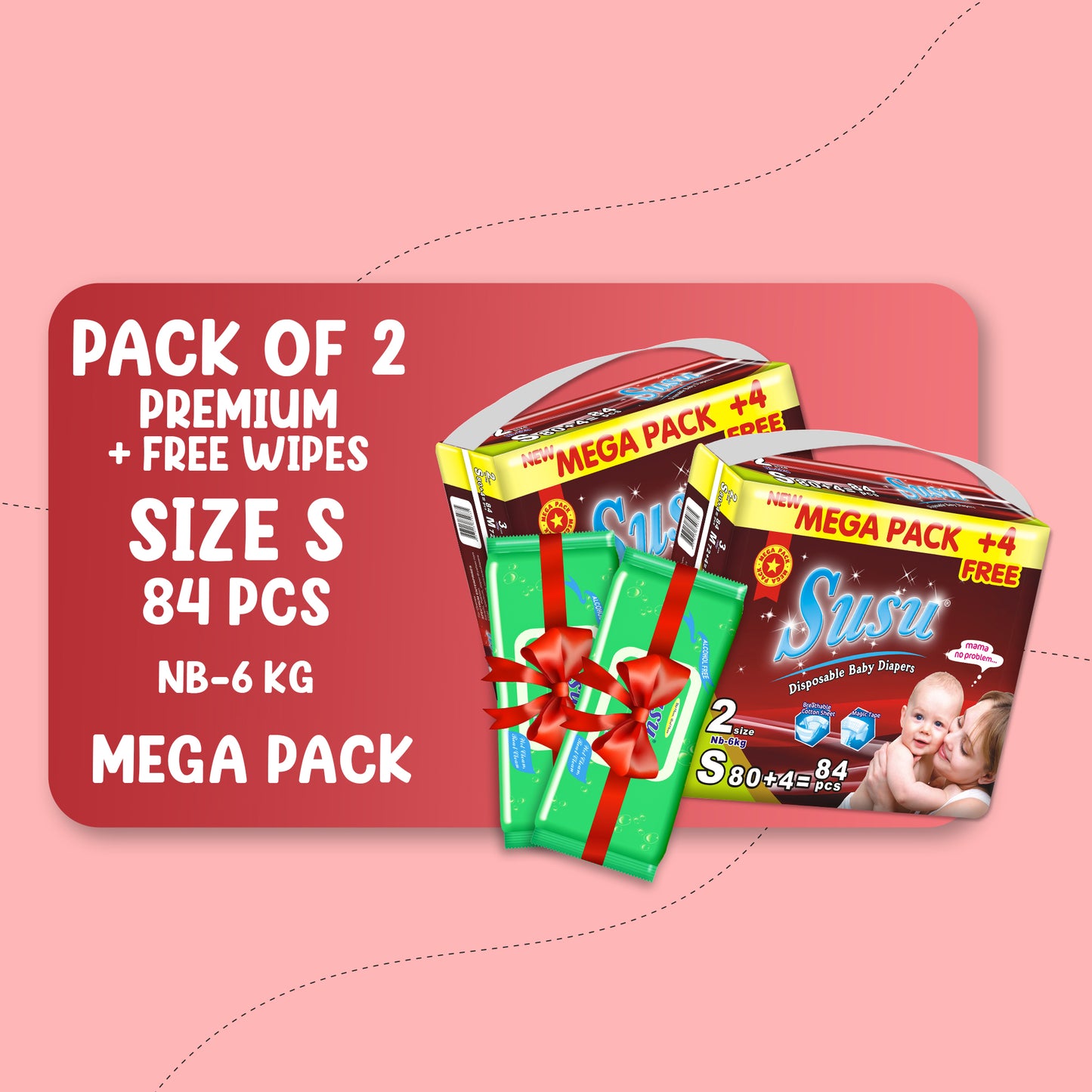 SUSU MEGA PREMIUM (S)-84 PCS BUNDLE PACK OF 2 + FREE WIPES